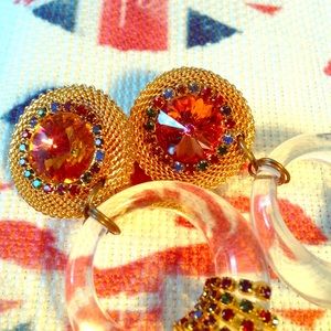 Vintage Lucite Rhinestone Bedazzled Clip Earrings